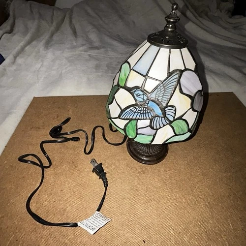 Vintage Tiffany Style Stain glass 10”Lamp Blue Humming Bird/ Flowers