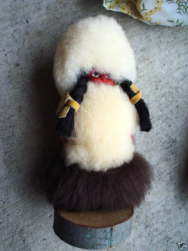 Unique 1970s Plastic Ethnic Eskimo Girl Doll 6" MWT Wood Log Base