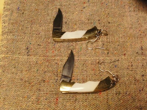 Custom Earrings (pair) Miniature Knife White MOP Shell 1-1/2" SS Wire + Gift Box - Picture 10 of 10