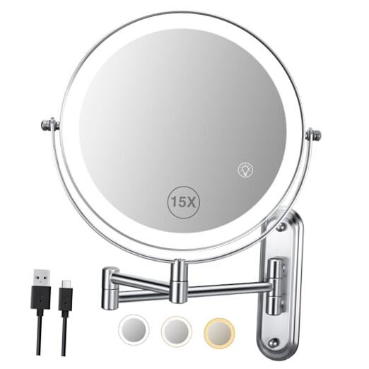 15X Magnifying Wall Mirror with LED Lights & Adjustable Chrome Arm-image