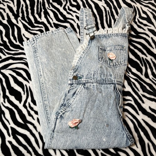 VTG For Kids Sake Acid Wash Girls Denim Bib Overalls Rhinestones Lace Roses Sz 6 - Picture 14 of 14