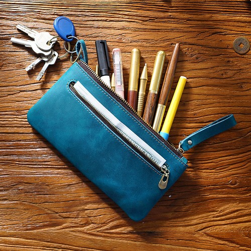 Handmade Genuine Leather Zipper Pencil Case School Office Stationery Storage Bag - Picture 7 of 18