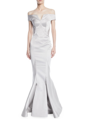 NWT $4K ZAC POSEN OFF THE SHOULDER DOVE GRAY DUCHESS SATIN MERMAID GOWN SIZE 4