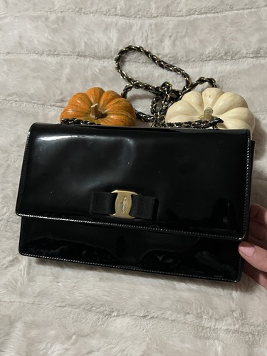 Salvatore Ferragamo Vara Bow Black Patern Leather Evening Bag-Fair