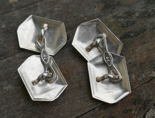 Antique Circa 1930's Deco 14k White Gold & Accent Diamond Cufflinks - 3.7 Grams - Picture 7 of 9
