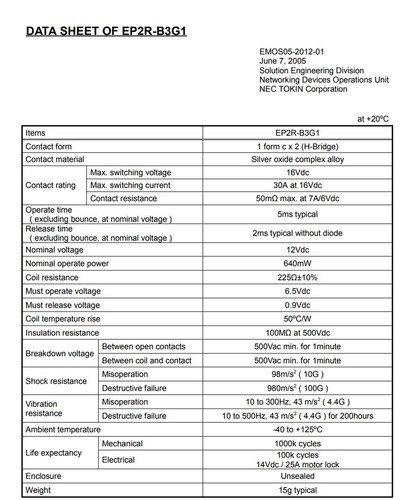 Relé de coche EP2R-B3G1 SPDT (1 forma C) KEMET NEC #M-M-3 #724041 - Imagen 2 de 2