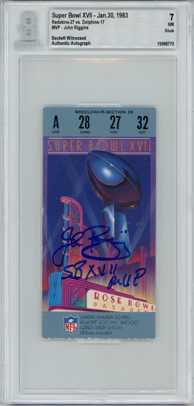 John Riggins Autographed Signed Super Bowl Xvii Ticket Stub Sb MVP Grade 7 Beckett 