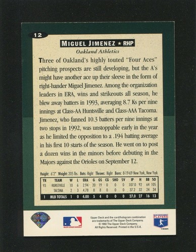 1994 UD Collector's Choice #12 Miguel Jiminez, A's Blue Sharpie Autograph 172192 - Bild 2 von 3