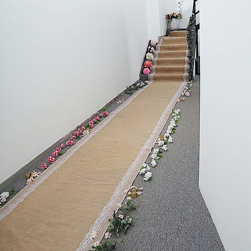 30 ft Natural Brown BURLAP AISLE RUNNER White Floral Lace Ceremony Decorations - Picture 6 of 9