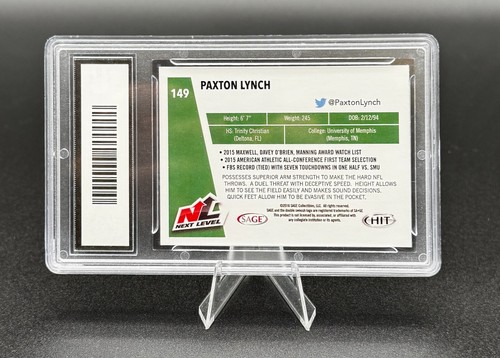2016 SAGE HIT Paxton Lynch #149 Next Level Rookie RC Graded PGA 10 GEM Memphis - Picture 2 of 2