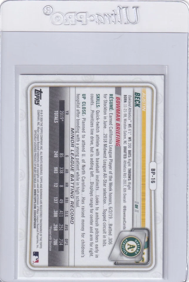 2020 BOWMAN PROSPECTS RC AUSTIN BECK OAKLAND ATHLETICS ROOKIE BASEBALL E7313 - Image 2 of 2