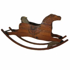 Vintage Folk Art Wooden Rocking Horse Upholstery Seat Painted Bird 34Lx12Wx18T"