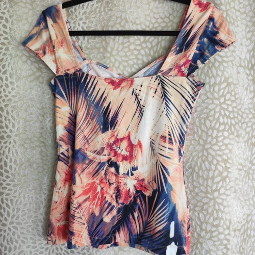 Guess Y2k Womens Top Size Medium Floral Print Cap Sleeves Sweetheart Neckline - Picture 2 of 11
