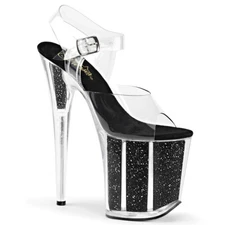 PLEASER FLAMINGO-808G Clear Black Glitter 8" Heel Platform Ankle Strap Sandal