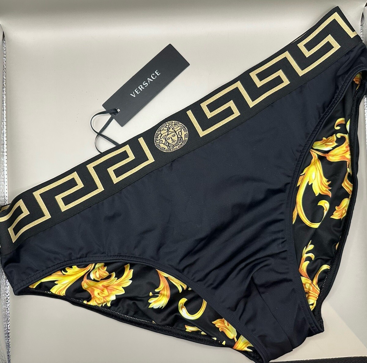 【関税&送料込み】Versace Swim Slip Greek Chain Clothing Versace Greca Border Low Rise Black Swim Briefs Men's Size 7