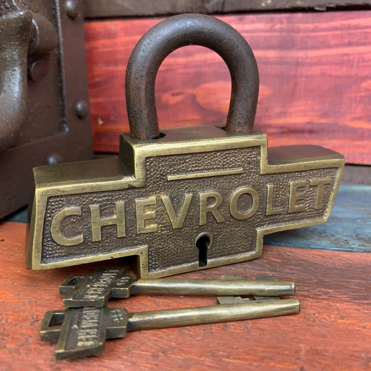 Chevrolet Large Brass Lock W/ Keys, Chevy Logo, Advertising