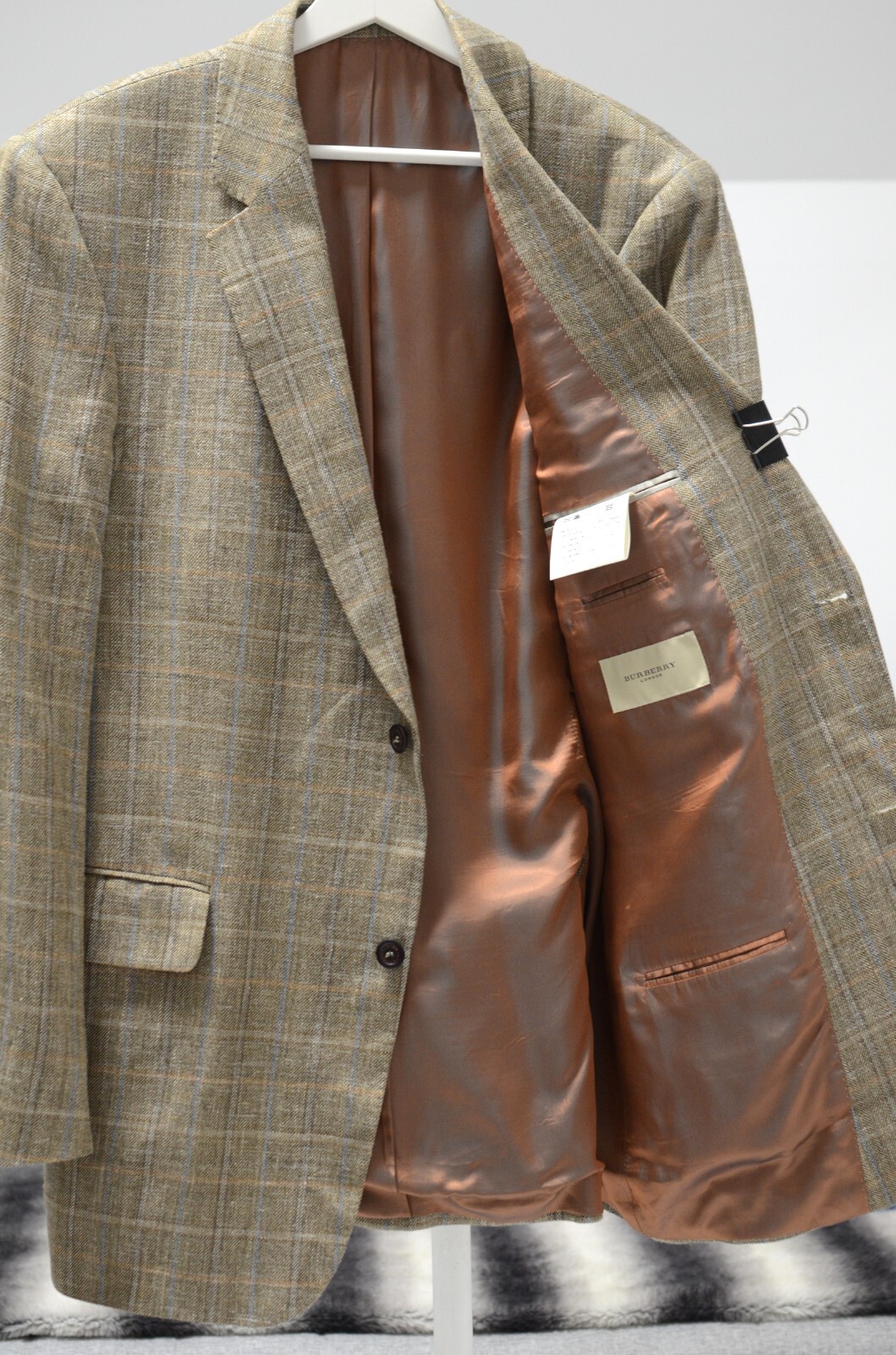 BLAZER Linen Wool Silk 42R Herringbone plaid Beig… - image 2