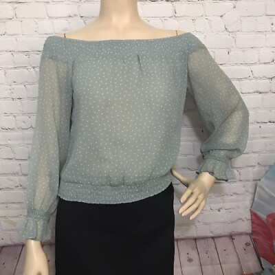Abercrombie Women s Blouse Off-the Shoulder Crinckle Chiffon Sz M Mint Green Dot