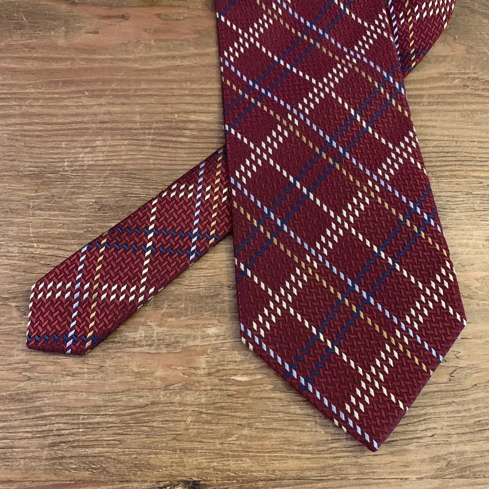 Corbata de cuello Hickey Freeman roja azul texturizada a cuadros hecha a mano de seda inglesa para hombre EE. UU. Foto 4 de 4