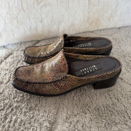 Stuart Weitzman Snake Skin Embossed Block Mules Size 6.5 B - Picture 10 of 17