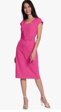 Maggy London Petite Dress W/ Pencil Skirt 16P Square Neck Cap Sleeve Belted Pink