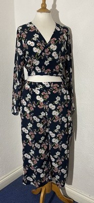 Qed London Size M Set Top/Trousers Navy Wrap Cropped Pants Elastic Waist 1567