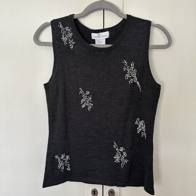 Pierre Cardin Women s Sleeveless Embroidered Sweater Blouse Size Small S Gray