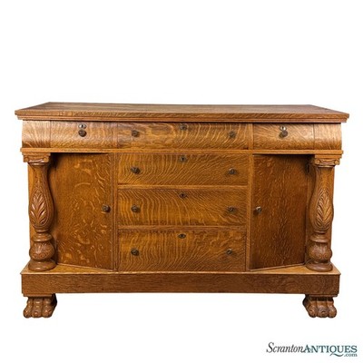 Antique Empire Quarterawn Oak Lions Paw Carved Sideboard Buffet Server