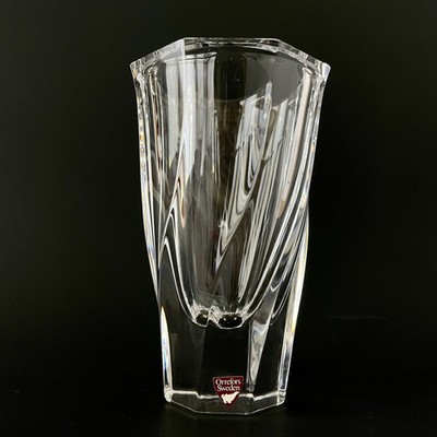 Orrefors Crystal Vase Heavy Octagonal Swirl Faceted Sweden 6'' Signed + Sticker