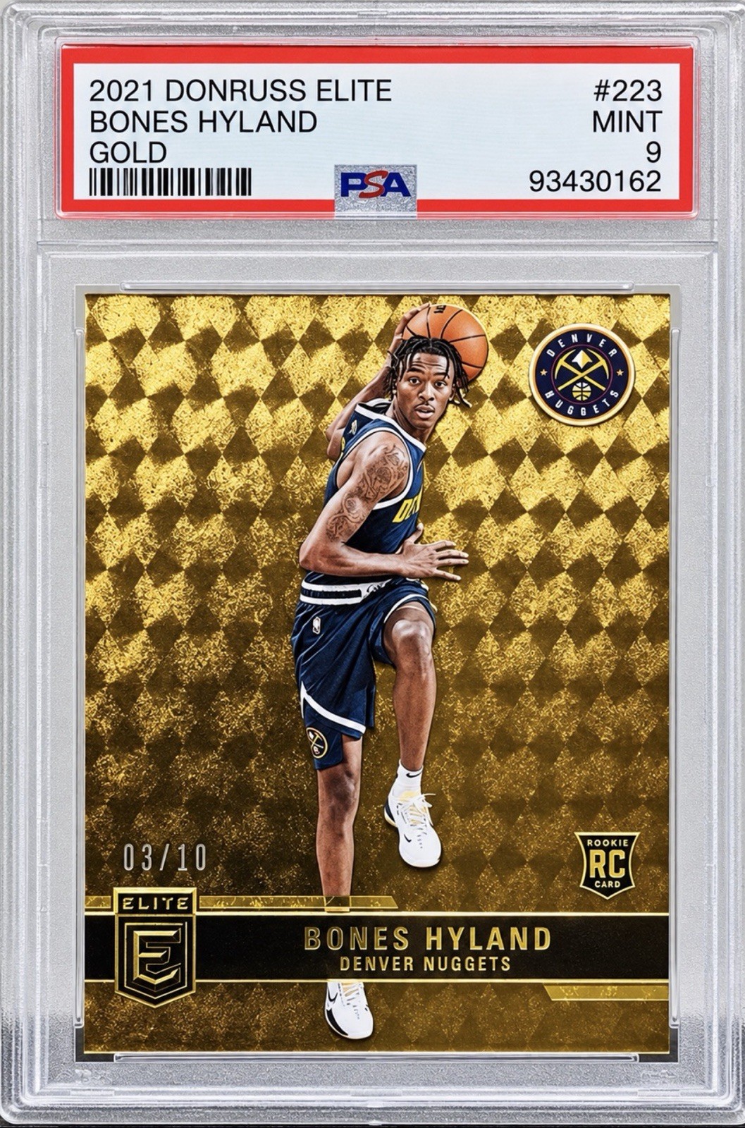 Bones Hyland 2021 Donruss Elite RC Rookie Gold 3/10 Jersey Match #223 PSA 9