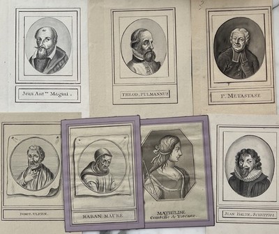 Seven (7) Grand Tour 1840s French Ink Wash Portrait Drawings from Old Album
