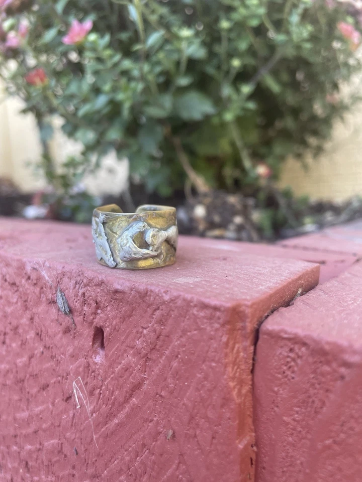Anillo artesanal de latón y plata de piedra natural ojo de tigre joyería Foto 3 de 4