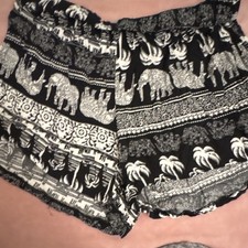 Black White Elephant Print Casual Shorts Relaxed Fit Elastic Waist