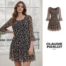 Claudie Pierlot Women’s Sheer Floral Flare Ruffle  Dress Size 40 US 8