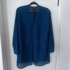 Chicos Travelers Collection Blue Chevron Eyelet Open Front Cardigan Jacket Sz 2