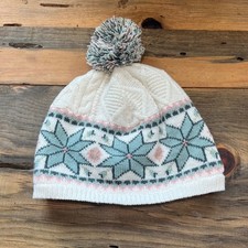 Toddler Winter Beanie Hat White Blue Pink Pom Pom Cable Knit Snowflake M 7/8