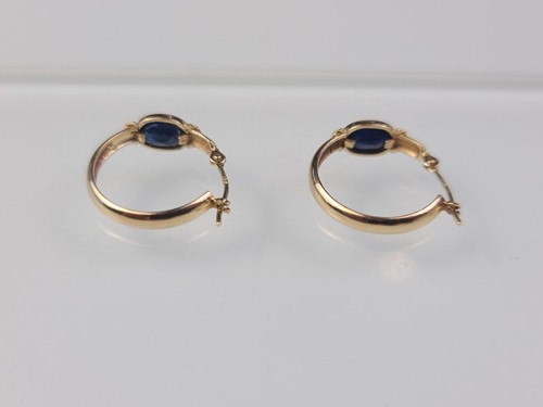 10k Solid Yellow Gold Genuine Blue Sapphire Hoop Earrings Wire Stud 2.3gr - Picture 14 of 17