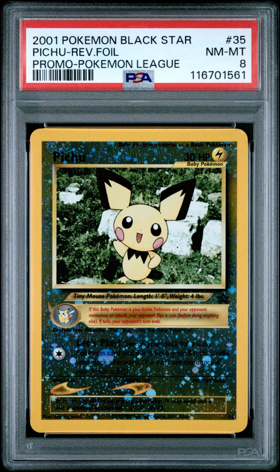 2001 POKEMON PROMO BLACK STAR POKE LEAGUE #35 PICHU-REVERSE FOIL PSA 8 NM-MT✨