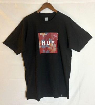 HUF Worldwide Men's Large Floral Box Logo Black Short Sleeve Graphic T-Shirt Tee
