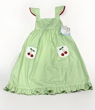 Remember Nguyen Cotton Green Striped Hand Smocked Cherry Pocket Sundress 3T NWT
