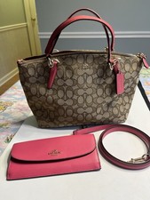 2pc Coach Kelsey Signature Brown Pink Crossbody Shoulder Satchel Handbag Wallet