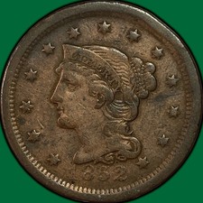 1852 Braided Hair Large Cent Near Extremely Fine XF/VF++ Coin, Rim Bump #40315