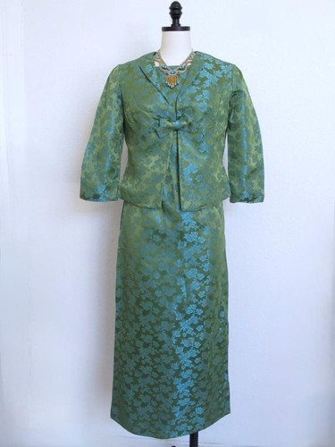 Vintage 60s 2pc Evening Dress XS Sheath Maxi & Jacket Avocado Green Aqua Taffeta - Picture 1 of 13
