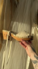 Vintage 70s Lace Up Wooden Clog Sandals White Linen And White String Size 7.5