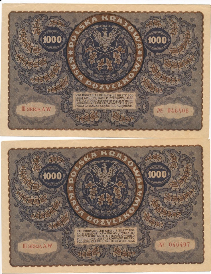 RC0241 Polonia 1919 1000 Marek Polskich 2 billetes consecutivos AU envío combinado Foto 2 de 2