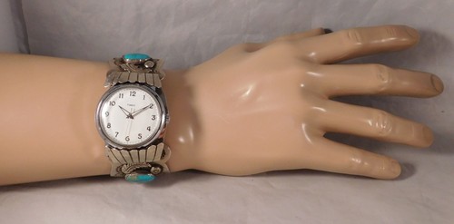 Navajo Native American Sterling Silver Turquoise Mens Watch Cuff Bracelet - Picture 4 of 21