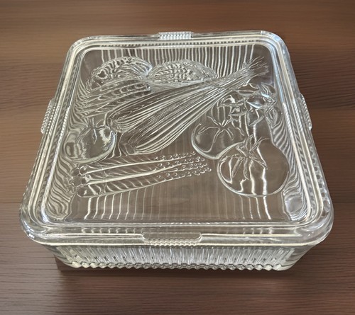 Vintage Federal Glass Refrigerator Dish Ribbed Base Embossed Vegetable Lid 8 x 8