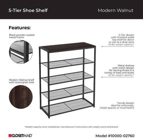 5-Tier Shoe Rack, Storage Organizer, with Wood Top Shelf, 4 Metal Mesh Shelve... - Picture 3 of 8