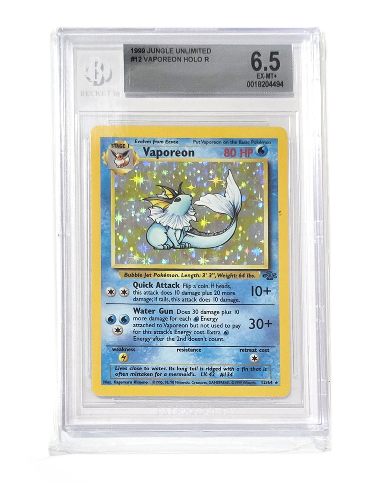 Vaporeon 1999 Jungle 12/64 Holo Pokemon Card - BGS Grade 6.5