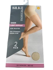 Silk Impressions Tights Size Large Light Support Sheer Beige 20 Denier 2Pair NEW